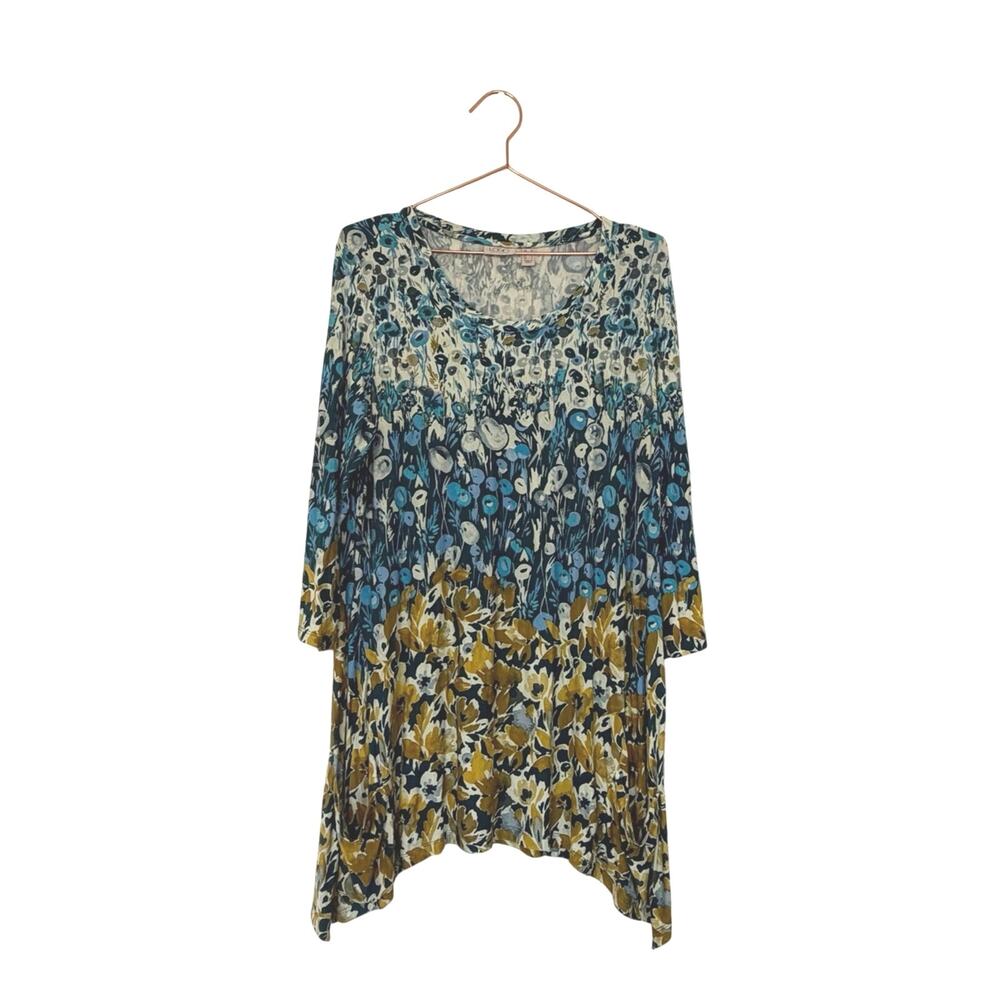 LOGO by Lori Goldstein Teal and Mustard Floral Scoop Tunic